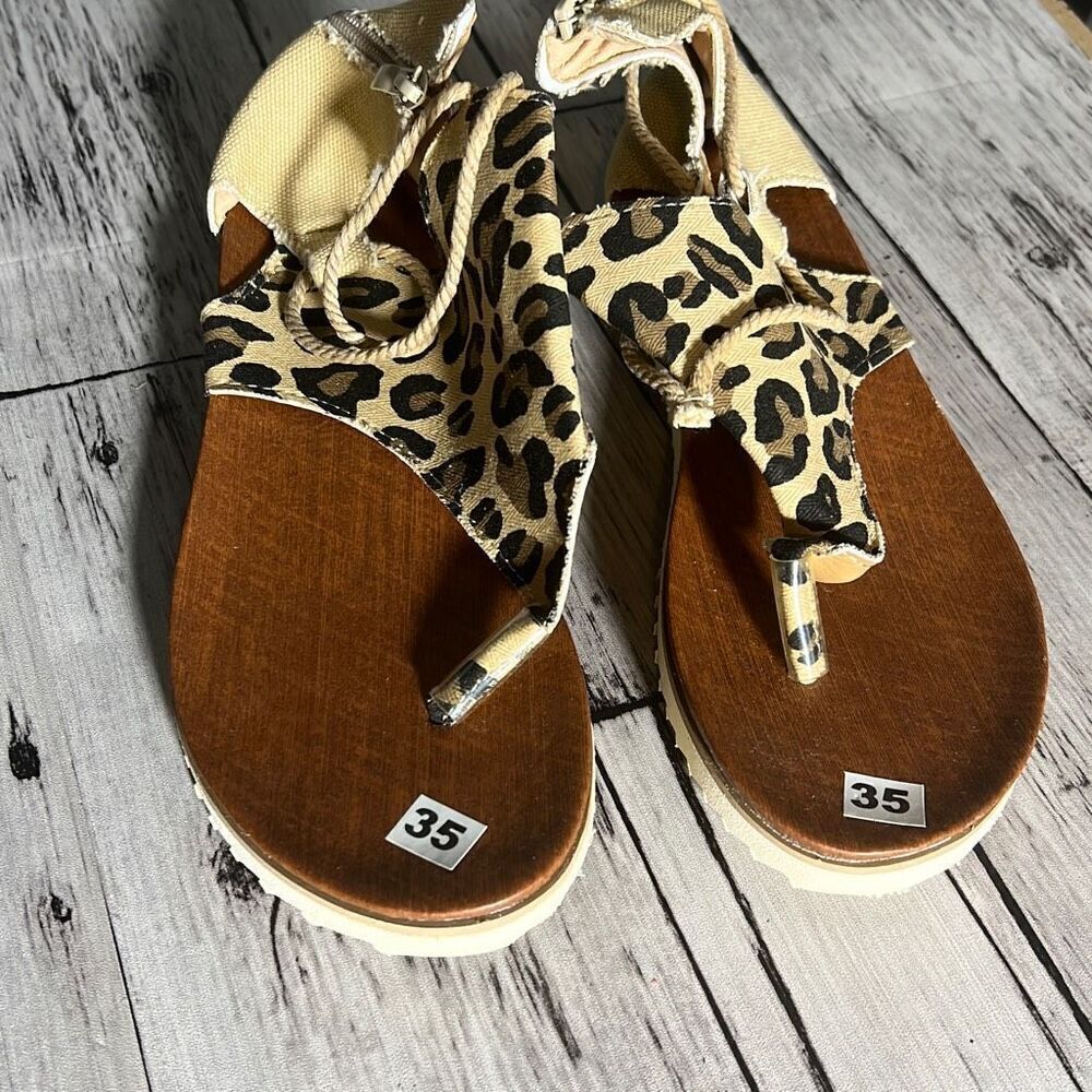 Women's Leopard Pattern Anti-Slip Covered Heel Flip Flop Rope Sandals Size 35 NW